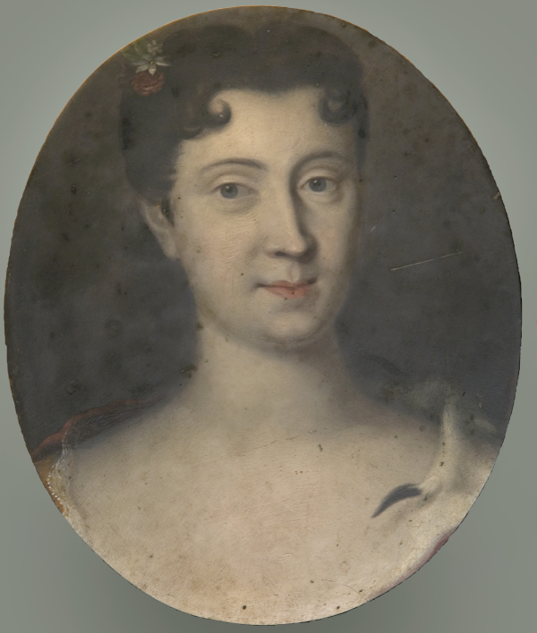 Portret młodej kobiety. Jest to Maria Józefa z Wesslów Sobieska. Ma pociągłą twarz, długi nos, jasne oczy, wąskie usta. Ciemne włosy spięte do tyłu, ozdobione kwiatami. Portret ujęty w owalną ramę. 