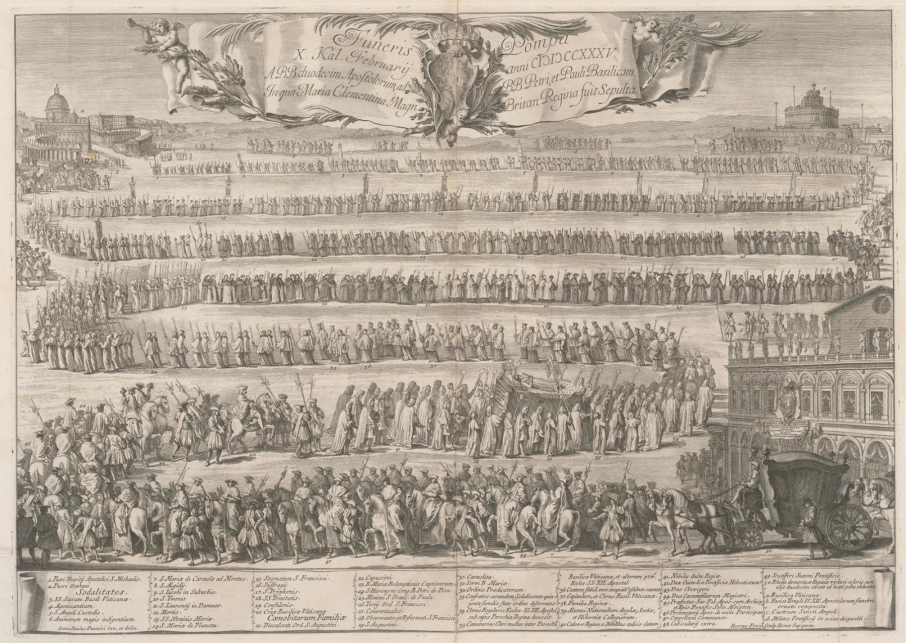 Grafika. Przedstawia uroczystości pogrzebowe Marii Klementyny Sobieskiej. Rycina pokazuje kondukt pogrzebowy, który wychodzi z kościoła po prawej stronie i pnie się do góry do bazyliki św. Piotra, której zarys widać po lewej stronie u góry. 