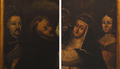 Od lewej: Jan III Sobieski, dominikanin, zakonnica i kobieta. Jest to feretron, w którym w scenie adoracji Najświętszej Marii Panny i Imienia Jezus przez św. Dominika i św. Katarzynę ze Sieny uczestniczy para królewska, Jan III i Maria Kazimiera.