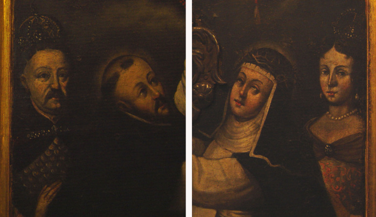 Od lewej: Jan III Sobieski, dominikanin, zakonnica i kobieta. Jest to feretron, w którym w scenie adoracji Najświętszej Marii Panny i Imienia Jezus przez św. Dominika i św. Katarzynę ze Sieny uczestniczy para królewska, Jan III i Maria Kazimiera.