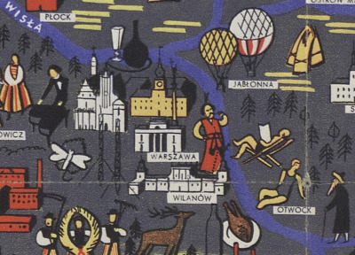 Kolorowa mapa II Rzeczpospolitej z postacią Jana Sobieskiego. Na wydanej w latach 30. XX wieku mapie Polski oznaczono najważniejsze miejsca i zabytki. W przypadku Warszawy jednym w nielicznych - obok np. Pałacu Łazienkowskiego czy katedry św. Jana - jest pałac w Wilanowie. Obok schematycznie zarysowanej bryły pałacu umieszczono postać mężczyzny w stroju staropolskim, podkręcającego wąsa - jest to zapewne odwołanie do Jana Sobieskiego. 
