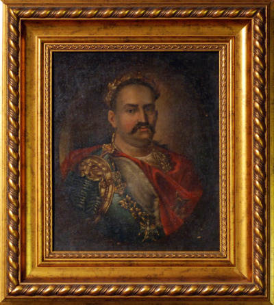 Portret Jana III Sobieskiego. Jest to olej na płótnie. Król ubrany w zbroję antyczną i wieniec laurowy na głowie. Jan III Sobieski patrzy dumnie na wprost. Obraz jest namalowany w sposób realistyczny.