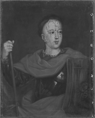 Portret Aleksandra Sobieskiego. Chłopiec przedstawiony w pozycji stojącej. Patrzy w lewą stronę. Ubrany w zbroję i płaszcz narzucony na ramiona. W lewej ręce trzyma tarczę, prawą opiera o broń. 