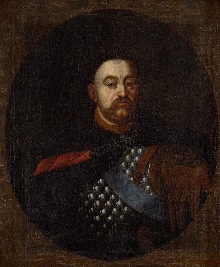Portret Jana III Sobieskiego. Król ukazany w popiersiu, ubraney w karacenę i płaszcz, przepasany  błękitną wstęgą francuskiego Orderu Św. Ducha. Król zwrócony jest lekko w lewo, z głową w ujęciu ¾ w prawo, patrzy na widza.