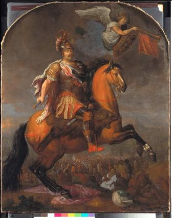 Portret konny Jana III Sobieskiego. Na pierwszym planie król na koniu. Ubrany w zbroję, hełm na głowie. Nad nim, na niebie wizerunek anioła grającego na trąbce. W oddali zgromadzeni ludzie i zarys miasta.