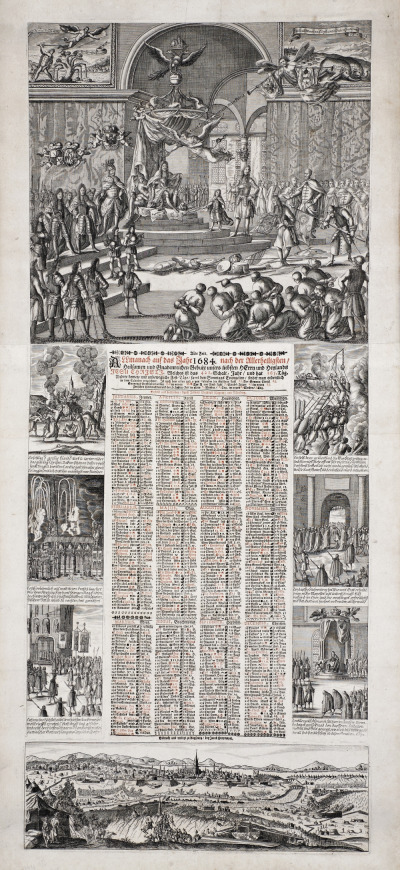 
Stara rycina. Przedstawia kalendarz na rok 1684. W centrum kompozycji widzimy cesarza Leopolda I zasiadającego na tronie pod baldachimem. Zstępująca z góry uskrzydlona postać wkłada na jego głowę wieniec laurowy. Druga dmie w dwie trąby. Pod stopami cesarza złożone sztandary pokonanych wojsk. Wokół cesarza stoją dowódcy zwycięskich wojsk. U góry kompozycji, jako obrazy wiszące na ścianach, wprowadzone są dwie symboliczne sceny ukazujące zwycięstwo nad wojskami tureckimi. Na pierwszym planie klęczą jeńcy. Poniżej sceny cesarskiego triumfu, bo bokach kalendarza znajduje się sześć scen opowiadających historię oblężenia. Każda z tych scen jest opisana czterowierszowym komentarzem. Na samym dole karty widoczna jest panorama Wiednia.