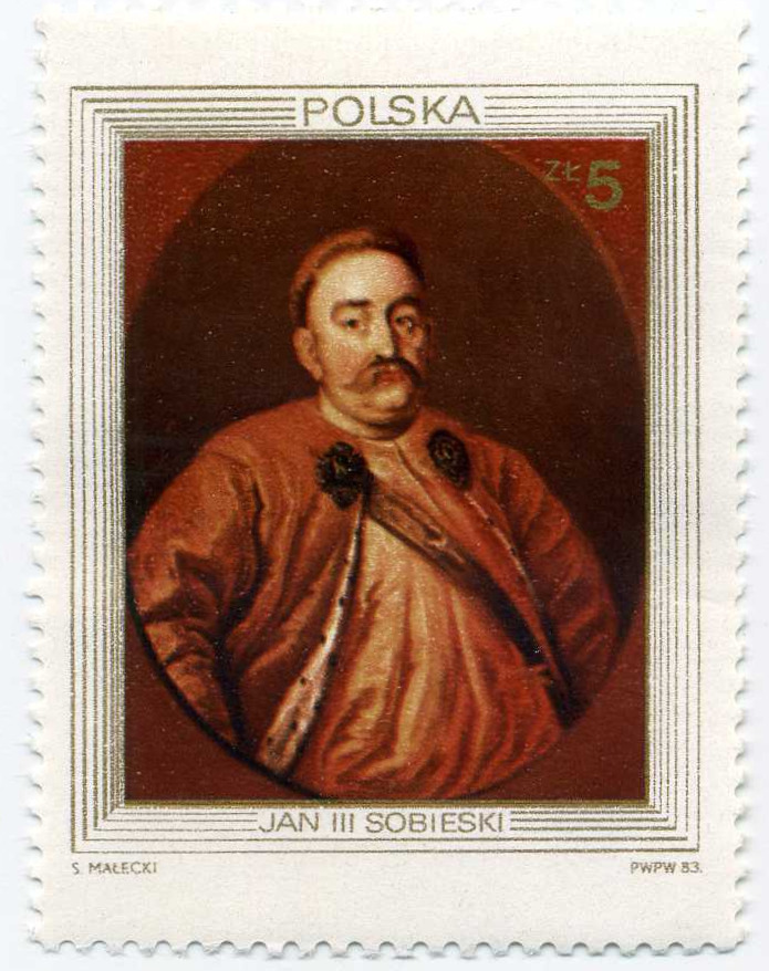 Znaczek pocztowy upamiętniający 300. rocznicę odsieczy wiedeńskiej. Przedstawia króla Jana III Sobieskiego ubranego w żupan i delię. 