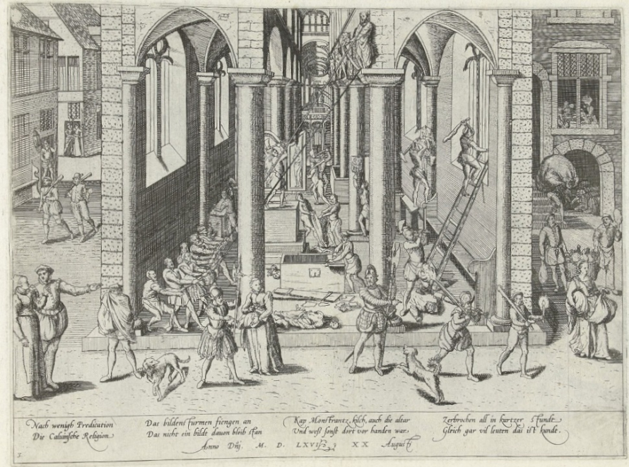 Grafika przedstawia scenę z ludźmi na tle zabudowań architektonicznych. Są to robotnicy, którzy budują pałac lub świątynię. Na pierwszym planie żołnierze i ludzie, którzy patrzą na tą scenę. Poniżej podpisy.  