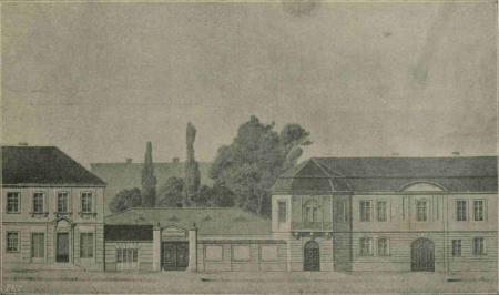 Rycina przedstawiająca historyczne zabudowania miejskie i drzewa.