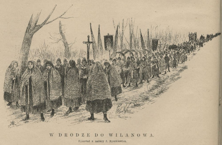 Rycina przedstawia kondukt żałobny. Ludzie okryci szalami trzymają proporce i krzyże.