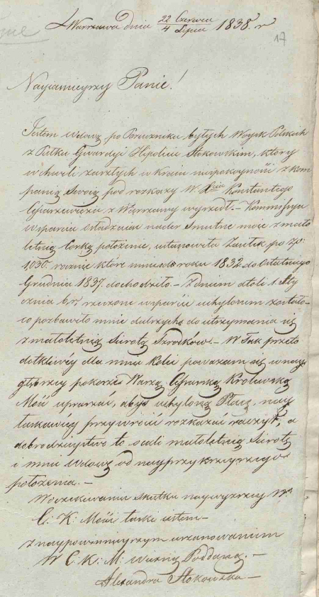 Odręczny list w języku polskim datowany na 1838 r. Dokument został napisany starannym pismem kursywnym na postarzanym papierze, z kilkoma podkreśleniami i podpisem Aleksandry Stokowskiej u dołu.